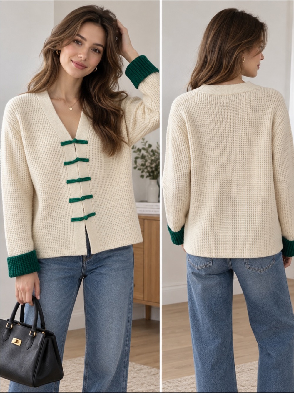 Chinese traditional factor Women's Cream V-Neck Knit Sweater with Green Trim